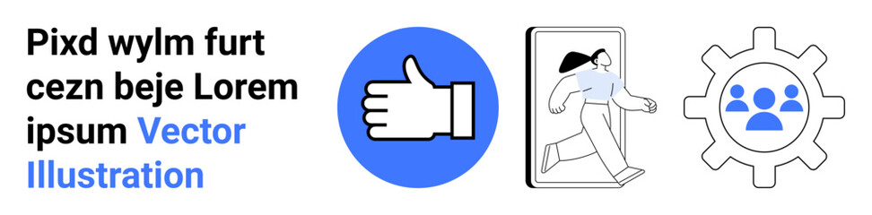 Obraz premium Social platforms, teamwork, online activities, user preferences, connectivity, web applications. Thumbs up, person exiting screen gear symbol with people inside. Social platforms and teamwork