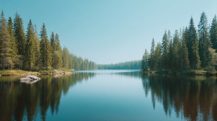 Obraz premium Serene Lake Surrounded by Evergreen Trees Under Clear Blue Sky with Calm Water Reflecting Natural Scenery