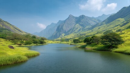 Obraz premium Scenic View of Lush Green Mountains Reflection in Calm Water Under a Blue Sky with Wispy Clouds and Serene Landscape