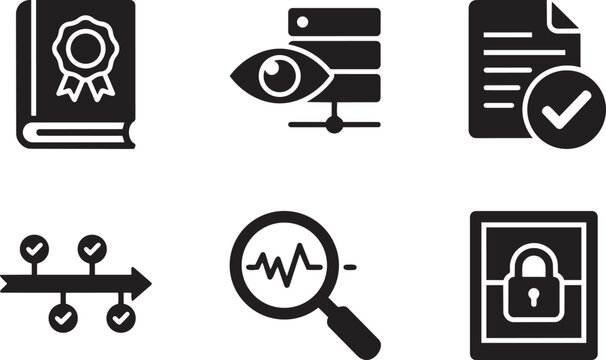 Audit and Compliance Logging Cybersecurity Symbols and Regulatory Governance Solid Black Vector Silhouette Icon Set