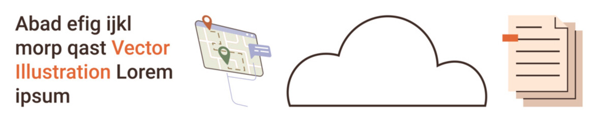 Cloud storage, data hosting, navigation, geolocation, document management, information technology. A cloud icon connects a map with a pin and stacked documents. Cloud storage and navigation concepts © robu_s