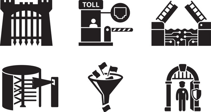 Secure Access Gateways and Network Traffic Filtering Symbols Zero Trust Architecture ZTA Solid Black Vector Silhouette Icon Set