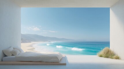 Fototapeta premium Serene Coastal Retreat with Ocean View from Minimalist Bedroom Overlooking Sandy Beach and Calm Waves