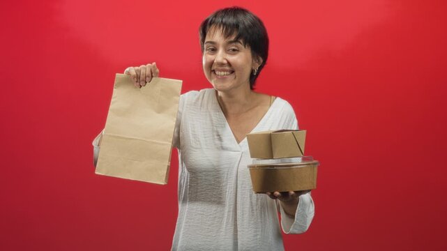 Woman holding paper bag and stacked takeout containers with hand, smiling in studio; sustainable convenience cheerful.