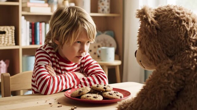 Angry little boy arguing with teddy bear over cookies