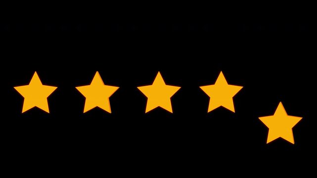 Animated of 5 gold stars rating. Motion graphics of review concept. 4K video on alpha channel background.