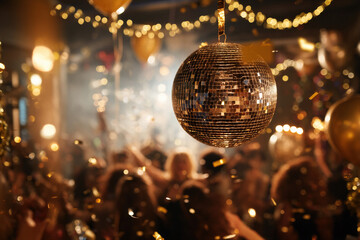 Obraz premium Golden Disco Ball Party: New Year's Celebration with Dancing, Confetti, and Balloons