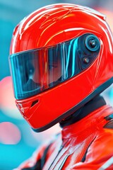 Fototapeta premium Futuristic motorcyclist wearing a glossy red helmet and matching suit, showcasing advanced design elements against a vibrant, blurred urban backdrop