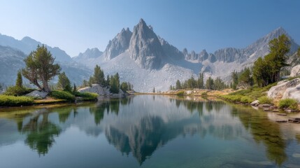 Obraz premium Majestic Mountain Range Reflected in Serene Lake Surrounded by Lush Greenery Under Clear Blue Sky
