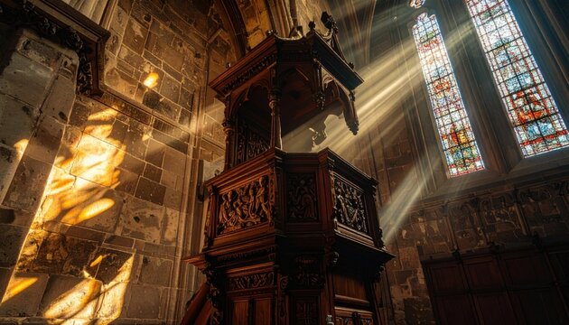 Ornate carved wooden pulpit with detailed biblical reliefs bathed in sunbeams within a historic church interior