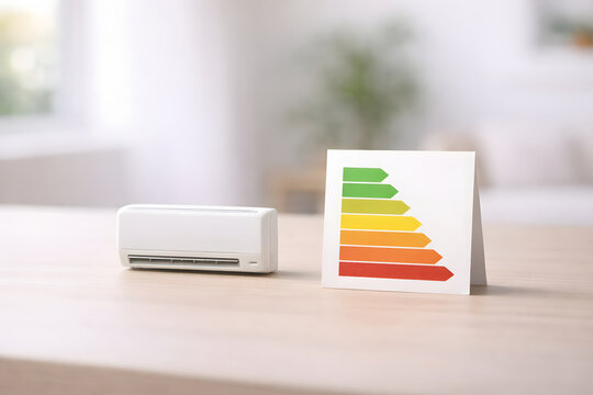 Mini split air conditioner with an energy rating label, illustrating efficient cooling, reduced electricity use, and home energy savings