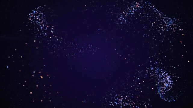 Dynamic futuristic data disintegration scene with colorful pixel fragments dissolving across dark indigo gradient background Digital interference patterns RGB split effects and glowing neon highlights