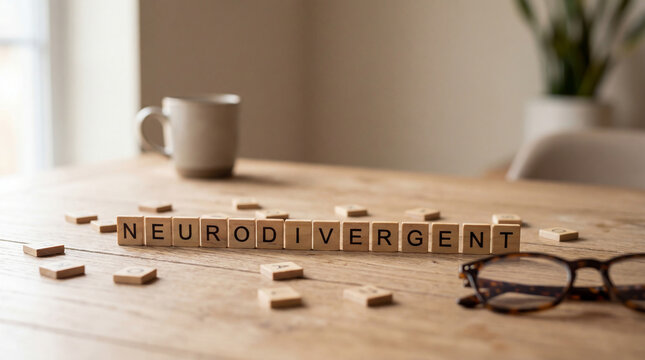NEURODIVERGENT spelled out with wooden letter tiles on a rustic wooden table with glasses