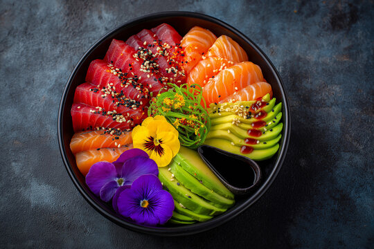 rainbow poke bowl with fresh fish, edible flowers, avocado