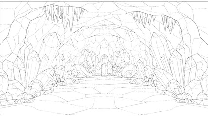 Fototapeta premium A detailed adult coloring page featuring a serene and mystical cave scene with a winding pathway, lush foliage, and intricate rocky formations leading to a majestic archway in the distance.