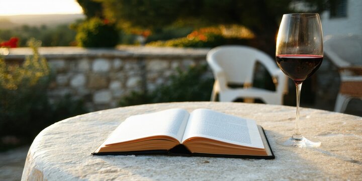 Open book rests upon stone table. Wineglass filled with red liquid nearby. Scenic outdoor setting, calm atmosphere.