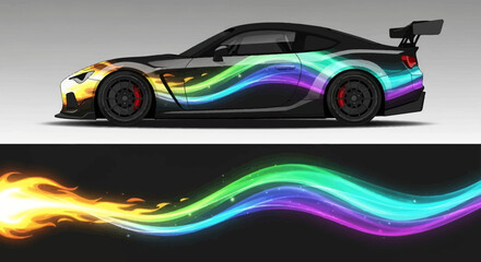 Vibrant Rainbow Flame Trail Adorned Sports Car in Motion. © Lailatul
