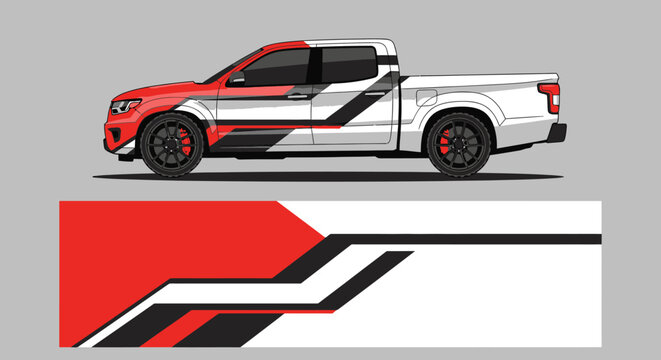 Sleek red white and black racing pickup with bold graphic livery and stylized side artwork.