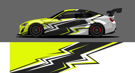 Sleek yellow and white racecar with bold zigzag graphics on a racing track. © Lailatul