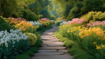 Obraz premium Serene Pathway through Vibrant Flower Garden Surrounded by Lush Greenery and Sunlit Trees in Tranquil Nature Setting
