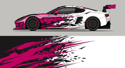 High speed race car with bold pink black paint splash design on track. © Lailatul