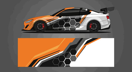 High-velocity orange and white sports car with hexagonal honeycomb design on side panel. © Lailatul