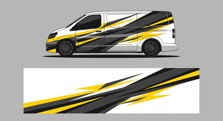 Dynamic graphic wrap design on white van with yellow and black stripes. © Lailatul