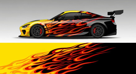 Fototapeta premium Side View of a Vibrant Flame-Decorated Sports Car in Striking Yellow and Black Livery.