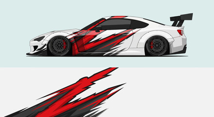 High-speed white race car with red and black graphics on light blue background. © Lailatul