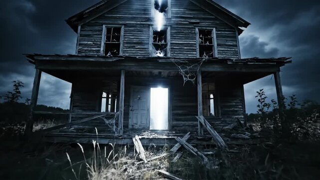 Spooky haunted house with paranormal light beam