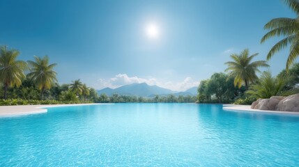 Obraz premium Tranquil Tropical Landscape with Crystal Clear Water, Lush Palm Trees, and Mountain View Under Bright Sunny Sky