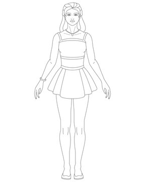 A girl in a crop top with straps and a short, full skirt, fashion illustration, summer suit, women's clothing - vector lineart for coloring. Outline. A doll in a summer walking naiad, ballet shoes