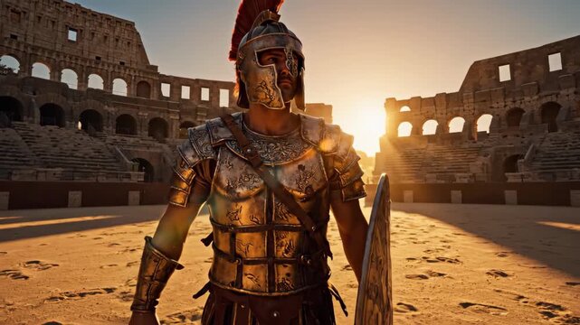 Roman gladiator standing in the colosseum arena at sunset