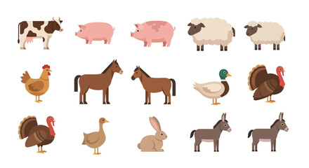 Set of farm animals illustrated as colorful icons in a row across a playful scene.