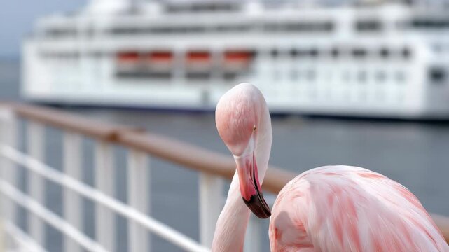 Graceful flamingo preening by ocean liner deck in tranquil maritime setting