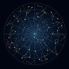 Various constellations connected by lines in a circular format. The stars are arranged in groups common in astronomy. The setting has a dark background typical of night time. © Lilly