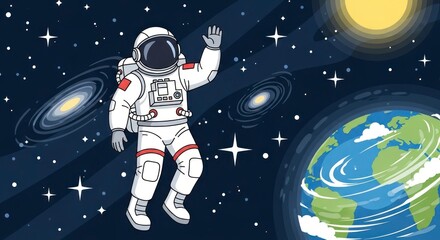 Fototapeta premium Astronaut in space with earth and sun illustration exploration and discovery
