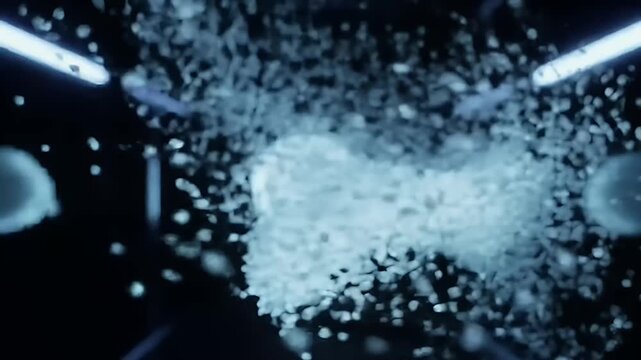 White fragments scatter in a dark space with fluorescent lights overhead