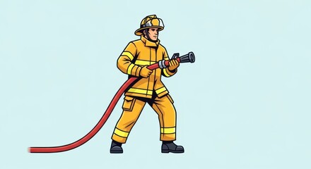 Obraz premium Firefighter in uniform holding a hose ready to extinguish fire illustration
