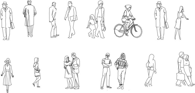Technical illustration showing various human figure silhouettes in different activities including standing, walking, cycling, families and couples in line art style.