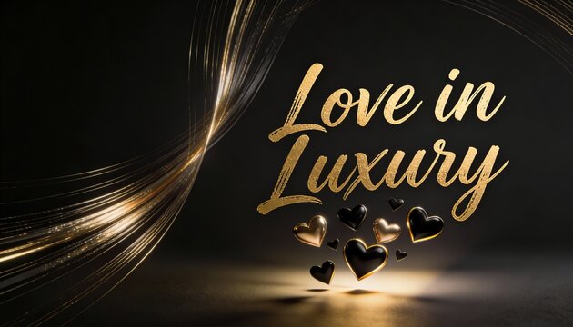 Love in Luxury gold script text on dark background. Elegant black and gold 3D hearts with flowing light trails. Romantic high-end branding concept