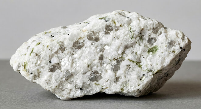 White sugar like saccharoidal albite aggregate with gray quartz grains in granite.