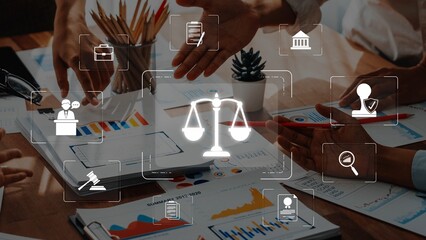 A collaborative legal team engages in case analysis with digital icons illustrating law, justice,...