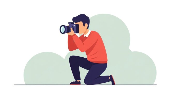 Photographer taking picture kneeling with camera against green background