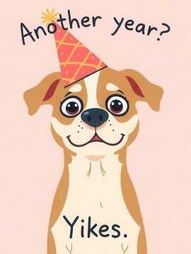 Funny surprised dog wearing party hat with Another year Yikes quote hand drawn illustration for humorous birthday greeting card and relatable social media post