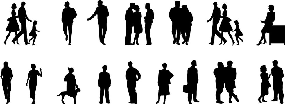 Technical illustration showing various human figure silhouettes in different activities including walking, standing, couples, families with children and pets in black outline.