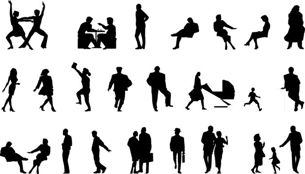Technical illustration showing various human figure silhouettes in different activities including dancing, sitting, walking, standing and family groups in black outline.