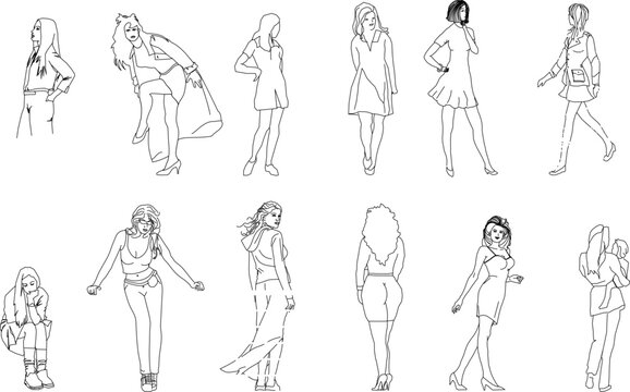 Technical illustration showing various human figure silhouettes in different poses and fashion outfits including standing, walking and seated positions in line art.