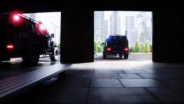 An swat police driving fast on a city street. 3d rendering.