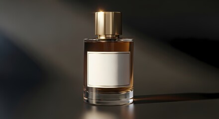 Elegant Cylindrical Perfume Bottle with Gold Cap and Amber Liquid on Dark Luxurious Background